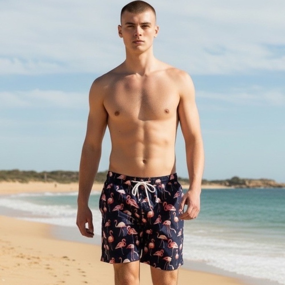 Mosmann Australia Mens Navy Pink Flamingo‎ Swim Trunks Board Shorts Size M